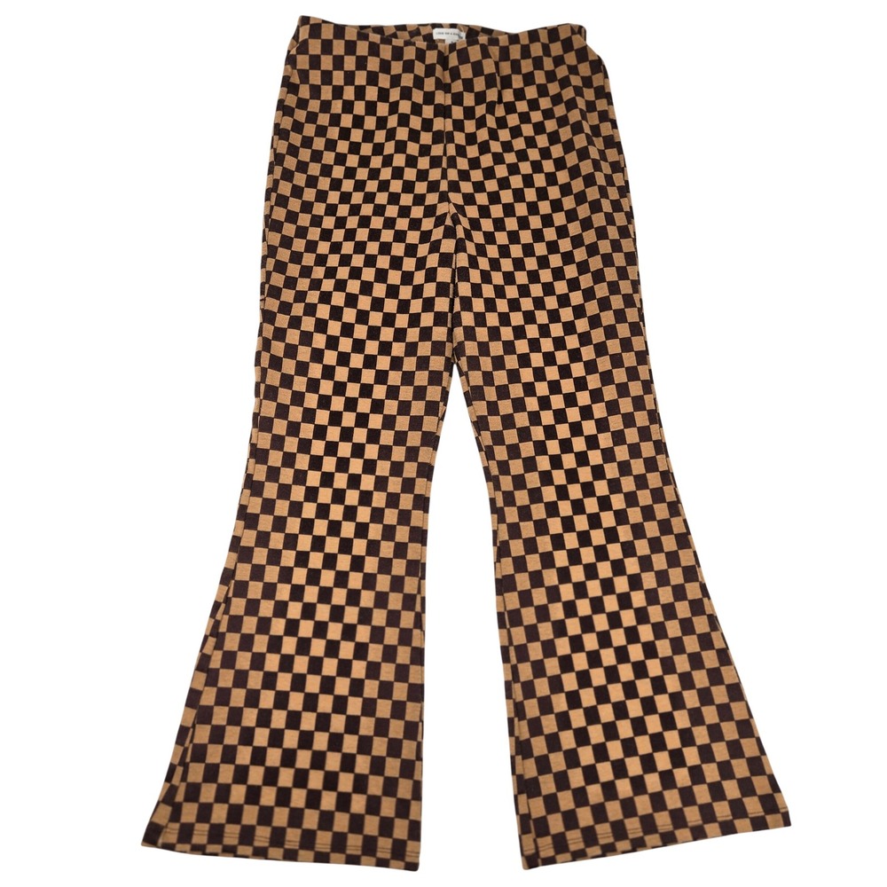 Love‎ On A Hanger Checkered High Flare Pants Brown Tan Knit Stretch Sz 7 90s Y2K